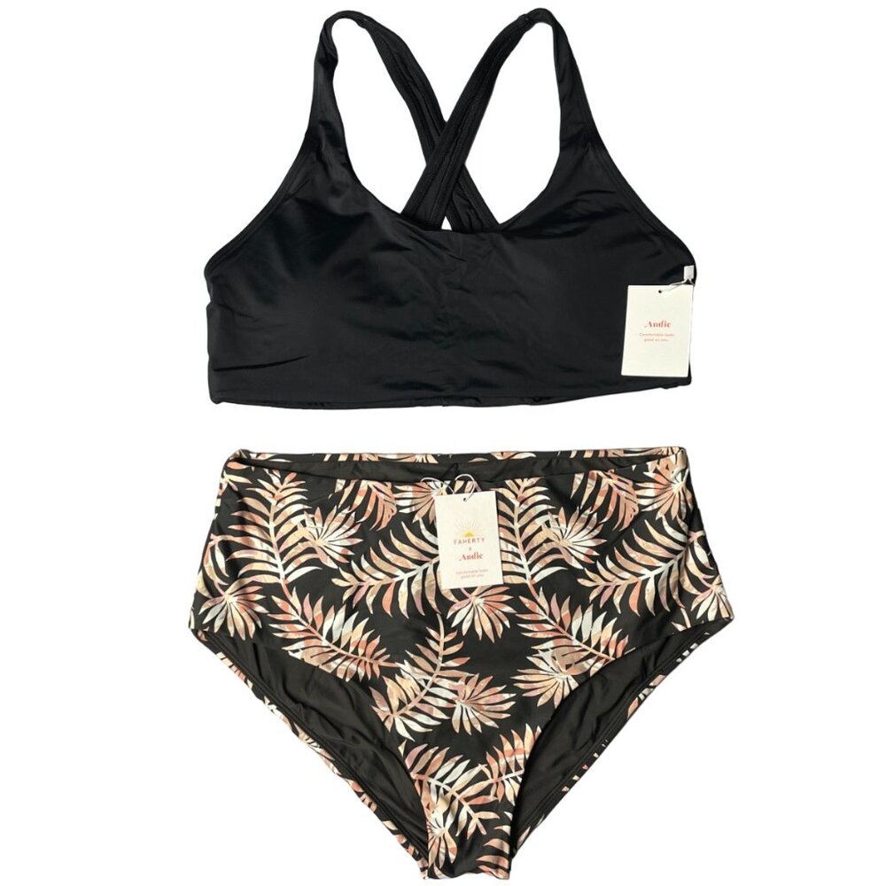 NWT Andie Swim Two Piece Bikini Caledonia Top + High Waisted Bottom L Black Palm